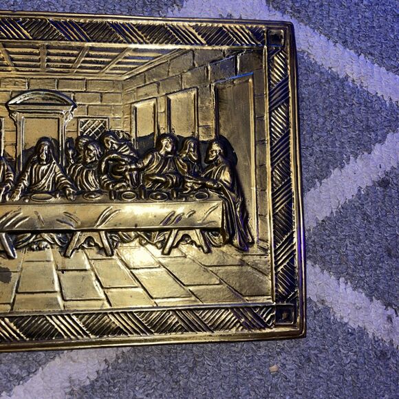 Vintage Brass Last Supper Plaque Relief  Wall Decor Plated 16" by 10" - Picture 3 of 5
